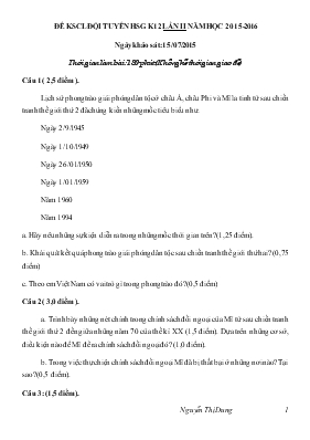 Đề khảo sát chất lượng  đội tuyển học sinh giỏi khối 12 lần II năm học 2015-2016
